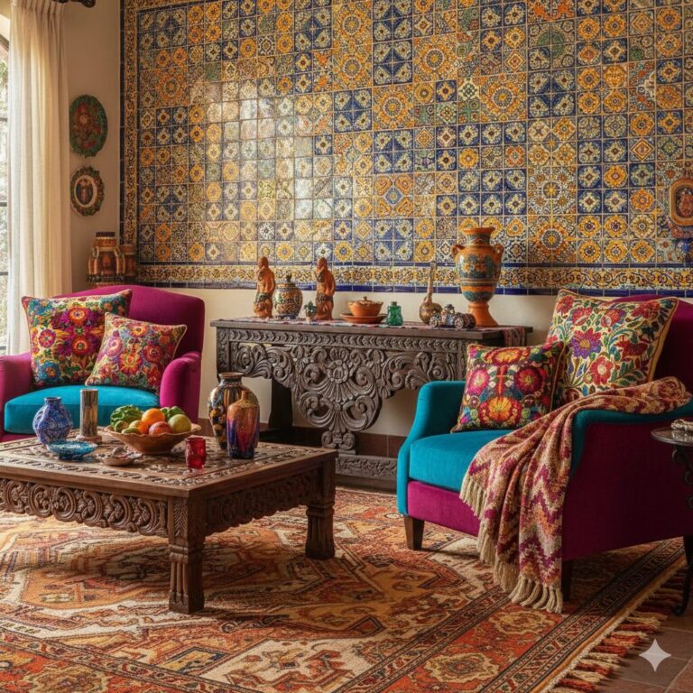 The heart of authentic Mexican decor is its bold colors, detailed patterns, and rough textures.